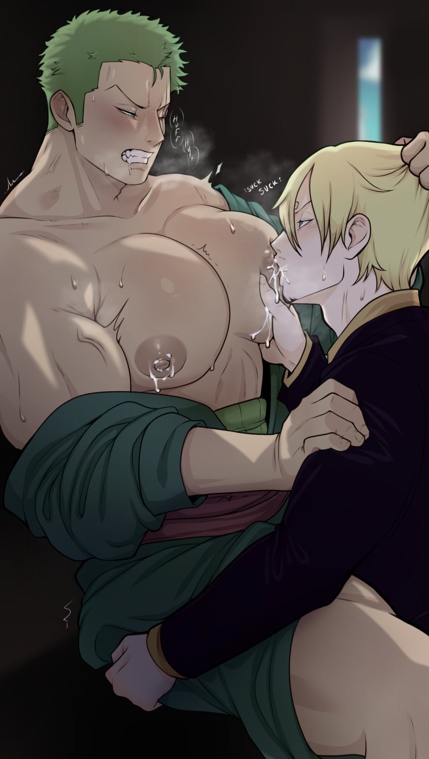 2boys against_wall areola areolae bara big_breasts big_pecs big_tits blonde_hair blush breastfeeding breath clenched_teeth fully_clothed gay grabbing_hair green_hair hair_grab huge_pecs implied_sex lactating lactation lactation_without_expressing looking_at_another male male_lactation male_nipples male_only mugiwaniu muscular muscular_male nipple_suck nipples off_shoulder one_piece open_clothes partially_clothed pec_grasp pec_sucking pecs roronoa_zoro sideburns sucking_male_nipple suit sweat twitch_lines vinsmoke_sanji yaoi