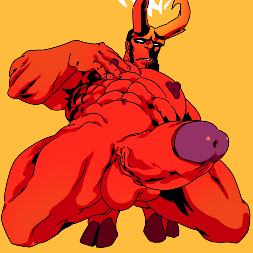 bara big_balls big_penis black_hair boner broken_horn dark_horse demon engorgedinches erection facial_hair hellboy hellboy_(series) horns male male_only muscles muscular nude penis red_body red_skin solo solo_male squatting tail