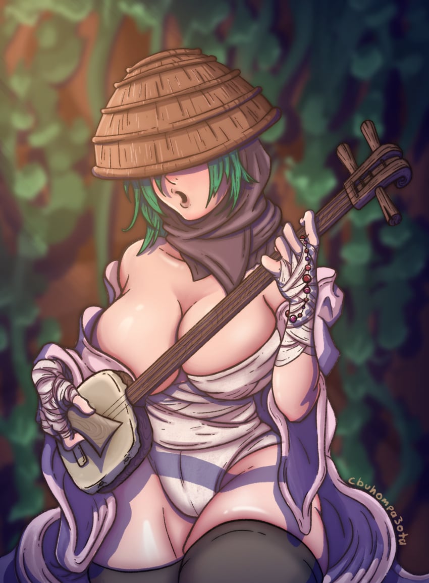 1girls ass basket big_breasts female female_only fromsoftware green_hair half-dressed kimono o'rin_of_the_water open_mouth panties sekiro:_shadows_die_twice shamisen solo stockings thick_thighs wide_hips