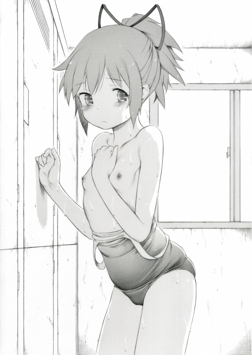 absurdres blush breasts cameltoe closed_mouth commentary dressing_room flat_chest hair_between_eyes hair_ornament hair_ribbon hand_on_own_chest highres itano_chiharu locker locker_room looking_at_viewer madoka_kaname mahou_shoujo_madoka_magica nipples ponytail ribbon school_swimsuit swimsuit thighs undressing