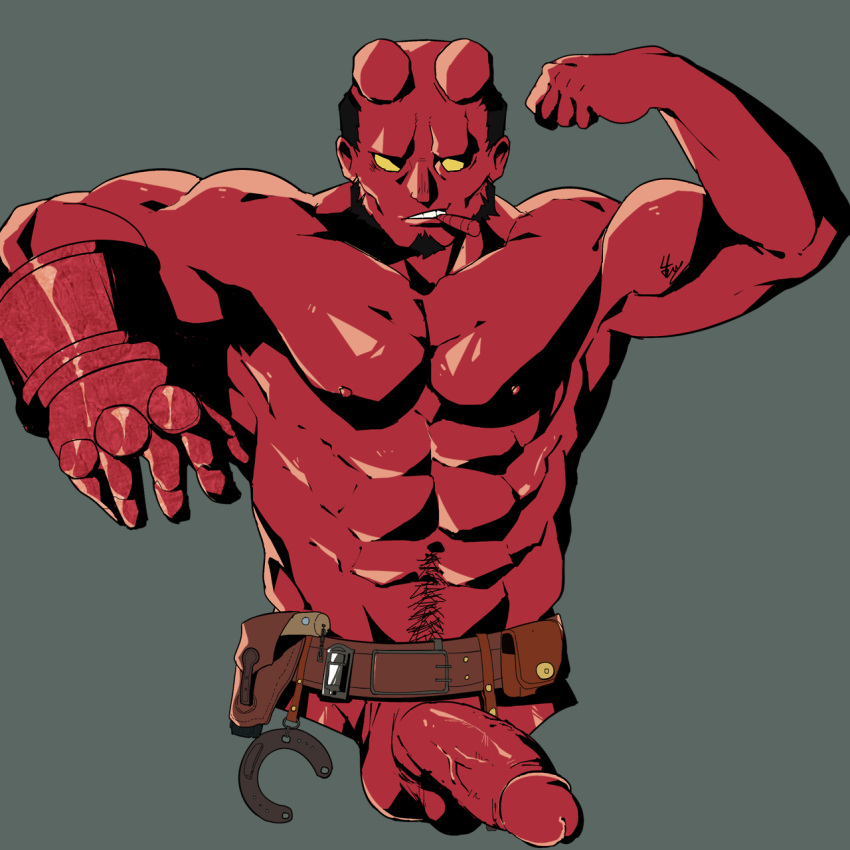 balls bara black_hair boner broken_horn cigar dark_horse demon erection facial_hair flexing hellboy hellboy_(series) horns male male_only muscles muscular penis red_body red_skin solo solo_male tail yuufreak