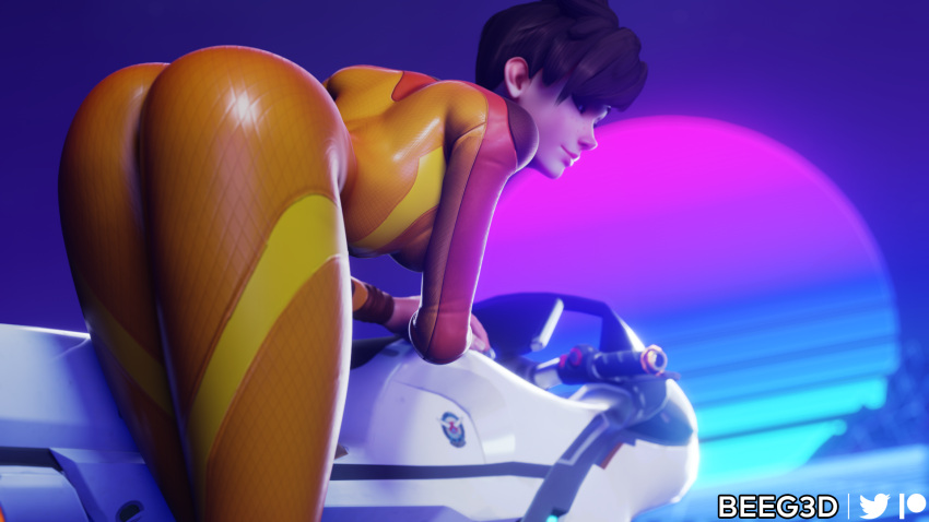 3d ass ass_focus beeg3d bike bodysuit brown_hair clothed clothing female female_only footwear human jumpsuit leggings light-skinned_female motorcycle overwatch pale_skin skin_tight skinsuit smile smiling solo solo_female synthwave tracer vehicle