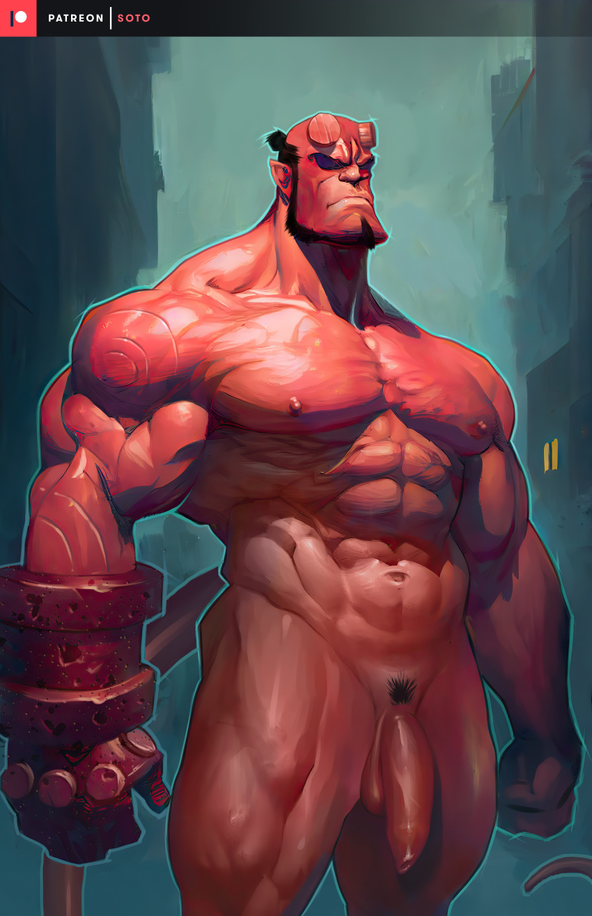 abs balls bara biceps black_hair broken_horn dark_horse demon facial_hair flaccid hellboy hellboy_(series) horns male male_only muscle muscles muscular nude penis red_body red_skin solo solo_male soto tail veiny_penis