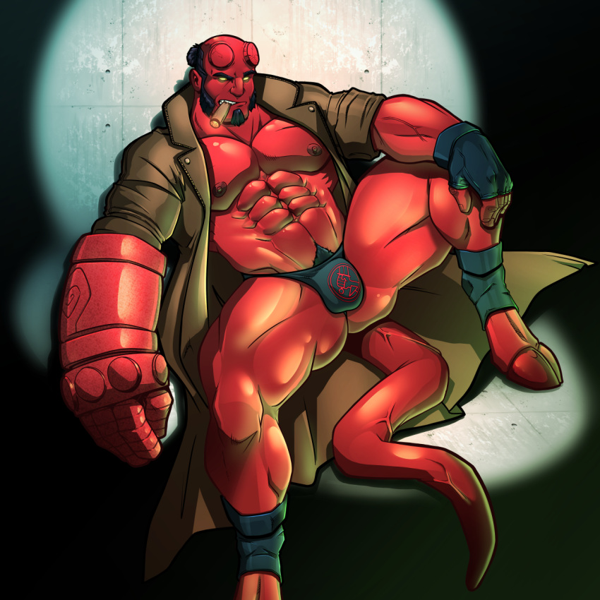 balls bara black_hair blitzturner broken_horn bulge cigar dark_horse demon facial_hair flaccid hellboy hellboy_(series) horns jacket male male_only muscles muscular open_jacket penis red_body red_skin solo solo_male spread_legs tail