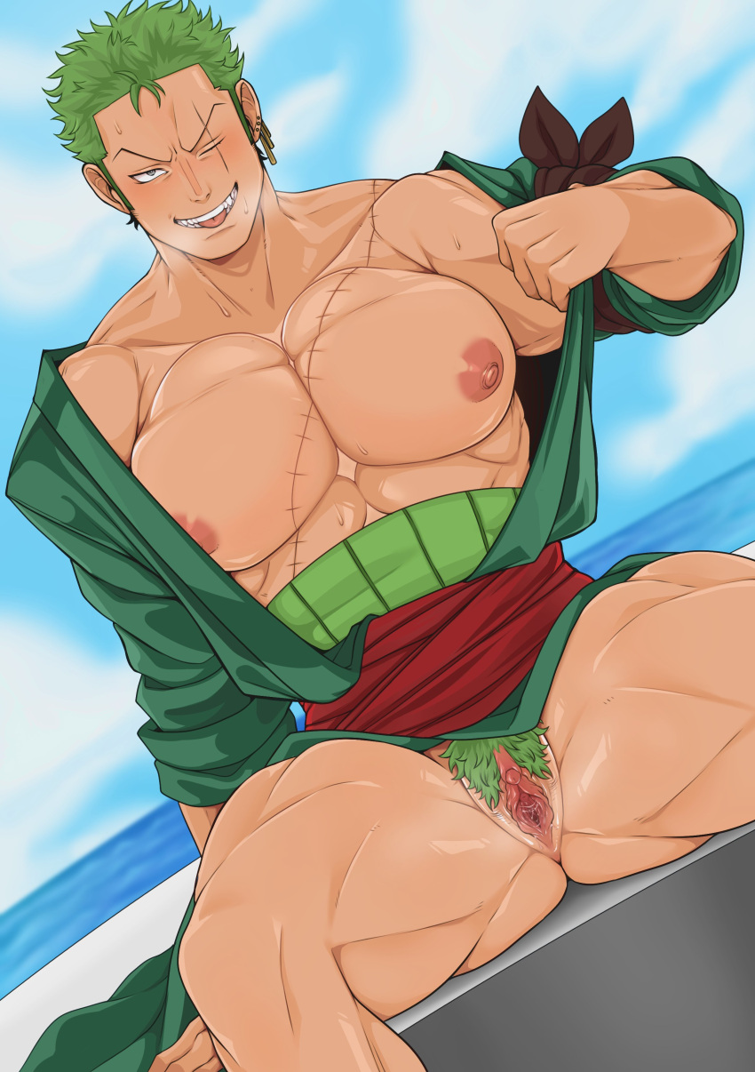 ass_visible_through_thighs bara big_pecs blush cuntboy cuntboy_only green_hair hair_over_one_eye haramaki huge_pecs intersex kimono looking_at_viewer mugiwaniu muscular muscular_cuntboy one_eye_closed one_piece open_clothes open_kimono pecs pubic_hair pussy pussy_juice roronoa_zoro scar scar_across_eye sitting smile sweat tongue_out uncensored undressing