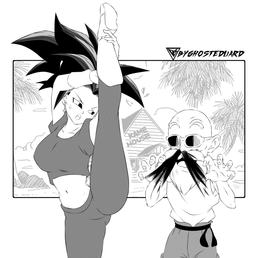 1boy 1girls angry_face ass_visible_through_thighs black_and_white black_eyes black_hair byghosteduard clothed clothing commission dragon_ball dragon_ball_super earrings female girl kefla leg_hold leg_hold_pose long_hair master_roshi potara saiyan sketch