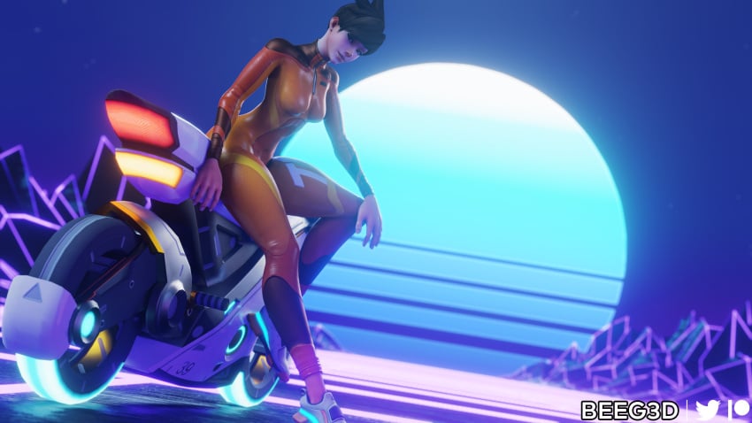 3d beeg3d bike bodysuit brown_hair clothed clothing female female_only footwear human jumpsuit leggings light-skinned_female motorcycle overwatch pale_skin skin_tight skinsuit smile smiling solo solo_female synthwave tracer vehicle