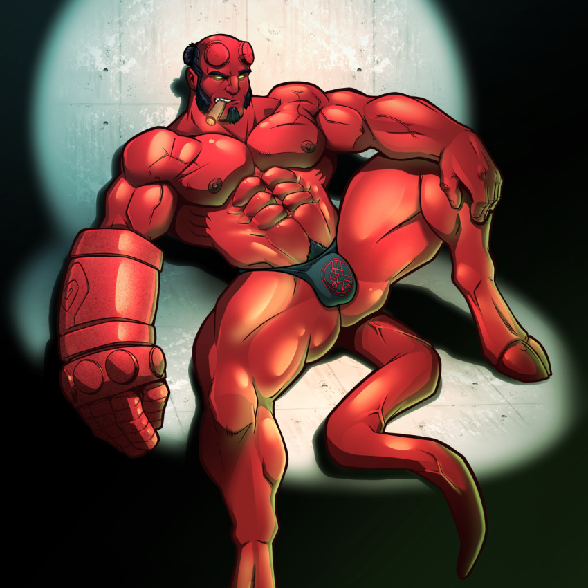 balls bara black_hair blitzturner broken_horn bulge cigar dark_horse demon facial_hair flaccid hellboy hellboy_(series) horns male male_only muscles muscular penis red_body red_skin solo solo_male spread_legs tail