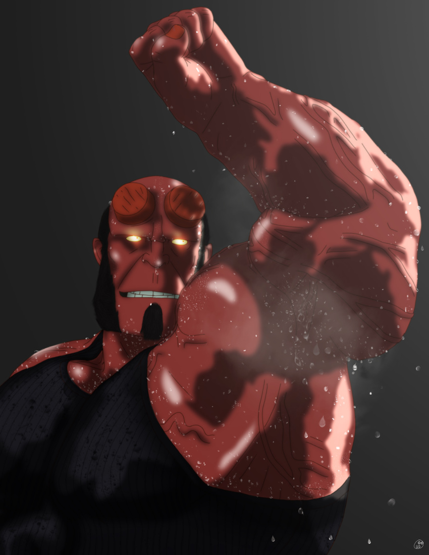 arm_up armpit bara black_hair broken_horn dark_horse demon facial_hair hellboy hellboy_(series) horns injustice_2 male male_only muscles muscular musk red_body red_skin sedblob solo solo_male sweat sweat_stain sweating sweating_profusely sweaty tail tank_top