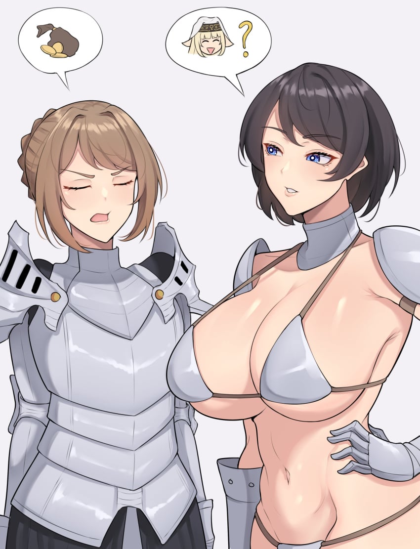 2girls annoyed armored armored_female armored_gloves barely_clothed blue_eyes closed_eyes collar female female_armor female_only fully_clothed knight knights light-skinned_female medieval medieval_armour metal_collar multiple_girls original revealing_clothes short_hair skimpy_clothes talking_to_another