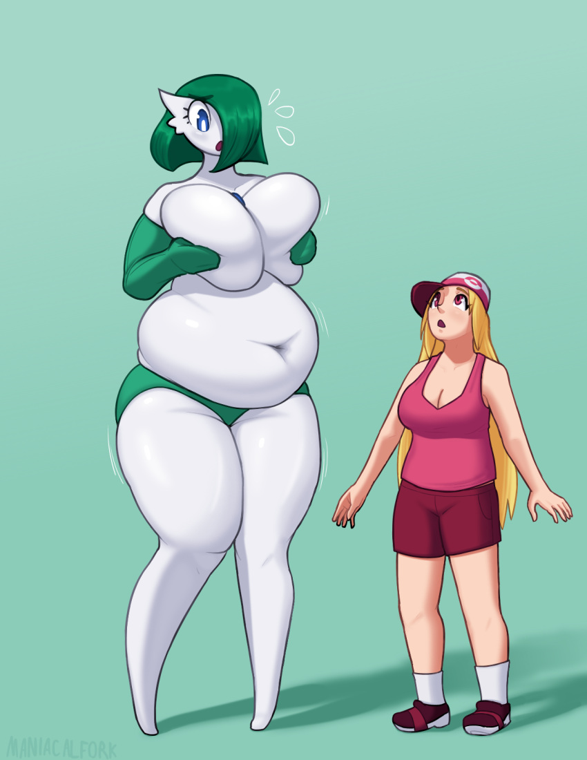 2girls alpha_gardevoir alpha_pokémon amazon ass_expansion belly belly_expansion big_belly big_breasts blonde_female blonde_hair blue_eyes blush breast_expansion breasts butt_expansion chubby cleavage deep_navel embarrassed fat female female_only gardevoir giantess green_hair height_growth height_increase hips huge_belly huge_breasts human humanoid large_belly large_breasts larger_female long_hair maniacalfork mini_giantess navel original_character pink_eyes pokemon pokemon_(species) pokemon_trainer short_hair size_difference smaller_female squishing_breasts thick thick_thighs thighs wide_hips