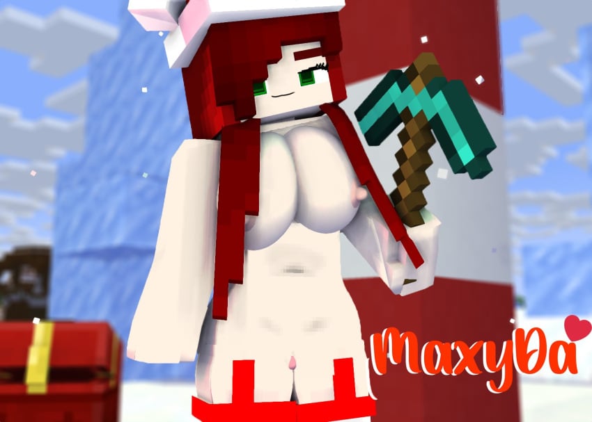 1girls 3d breasts christmas erect_nipples female gift green_eyes horny horny_female human humanoid looking_at_viewer max_welsh_(maxyda) maxyda mine-imator minecraft pickaxe red_hair red_stockings santa_costume santa_hat smile solo solo_female tagme tool