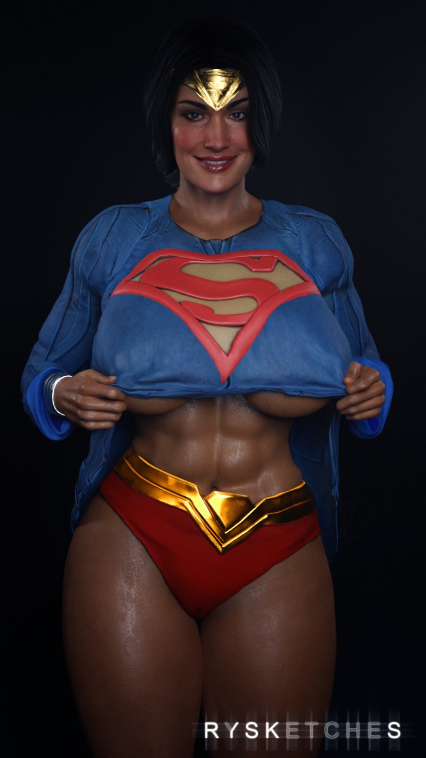 1girls 3d 3d_(artwork) abs amazon amazonian big_breasts black_hair blue_eyes blush breasts brown_hair cleavage dc dc_comics deep_cleavage diana_prince female female_only injustice_2 large_breasts lipstick looking_at_viewer muscular muscular_female netherrealm_studios rysketches solo superheroine superman_(series) thick_thighs underboob underwear wearing_others_clothes wearing_partner's_clothes wonder_woman wonder_woman_(series)