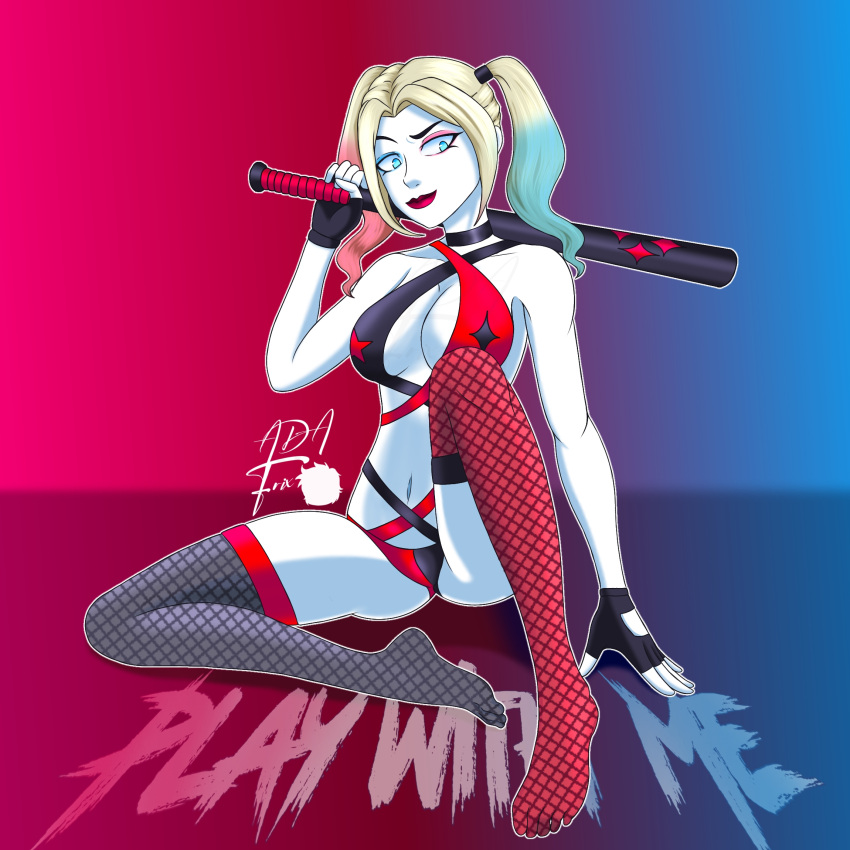 1girls adafrix asymmetrical_legwear baseball_bat batman_(series) big_breasts black_choker black_socks blonde_hair blue_and_pink_hair blue_eyes blue_highlights breasts cleavage dc dc_comics eyeshadow female female_only fishnet_socks fishnet_thighhighs fishnets harleen_quinzel harley_quinn harley_quinn_(2019) harley_quinn_(series) highlights_(coloring) lingerie multicolored_hair navel pale-skinned_female pale_skin panties pink_highlights raised_eyebrow red_socks smile socks solo solo_female thigh_socks thighhighs twintails