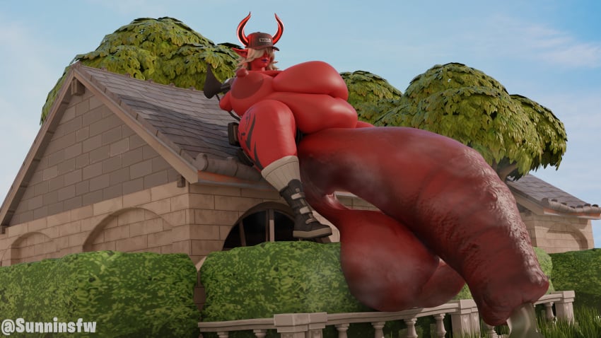 3d 3d_(artwork) belly big_belly demon demon_girl desdemona_(fortnite) fat fortnite futa_only futanari horns house hyper hyper_breasts hyper_foreskin hyper_penis musk overweight overweight_futanari precum red_skin saggy_balls sunninsfw tattoo tattoos white_hair