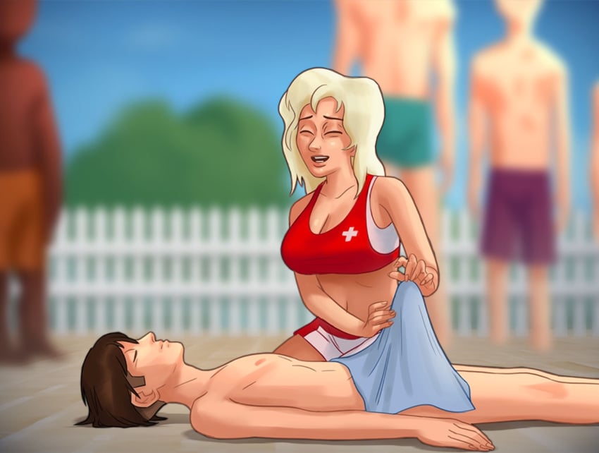 1boy 1girls 2d background_character background_characters balls big_breasts big_penis blonde_hair bottomwear breasts brown_hair bulge bulge_through_clothing cassie_(summertime_saga) cleavage closed_eyes clothed clothing covering covering_crotch covering_penis darkcookie digital_media_(artwork) duo erection erection_under_clothes female getting_erect green_eyes huge_cock laying laying_on_back lifeguard light-skinned_female light-skinned_male light_skin long_hair looking_back main_character_(summertime_saga) male male/female nervous on_back on_floor pants penis poolside shirt shocked shocked_expression shorts summertime_saga surprised surprised_expression tank_top topless topwear unconscious underwear