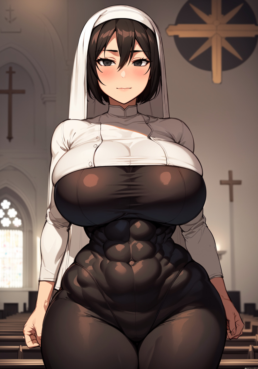 1girls abs ai_generated attack_on_titan black_hair blush breasts female huge_breasts indoors light-skinned_female light_skin mikasa_ackerman musclegut muscular_female nun nun's_habit nun_outfit oatmealdood shingeki_no_kyojin short_hair solo stable_diffusion thick_thighs thighs voluptuous wide_hips