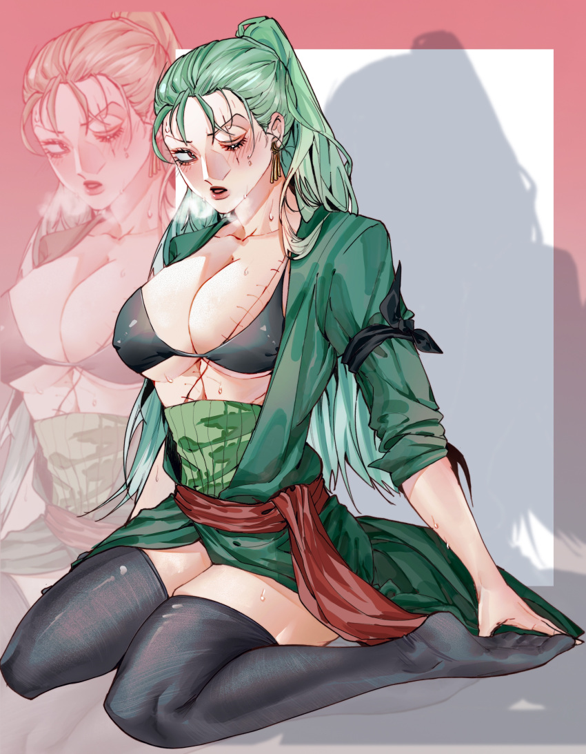 armband big_breasts bikini_top black_bikini_top black_legwear black_thighhighs blush breath cleavage earrings female female_only full_body genderswap_(mtf) green_hair haramaki k_zaooo kimono long_hair nipple_bulge one_eye_closed one_piece parted_lips ponytail roronoa_zoro rule_63 scar scar_across_eye sitting sleeves_rolled_up solo sweat thighhighs underboob wariza zettai_ryouiki