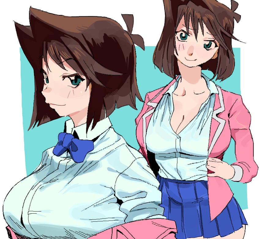 anzu_mazaki brown_hair cleavage female looking_at_viewer school_uniform solo solo_female tea_gardner teal_eyes whoopsatro yu-gi-oh!