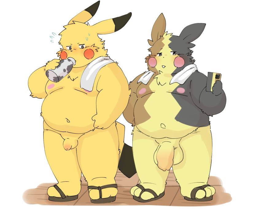 2023 anthro balls big_penis blush clothing dragon_night800 drinking duo flaccid footwear generation_1_pokemon genitals hi_res kemono male moobs morpeko navel nintendo nipples overweight overweight_male penis penis_size_difference pikachu pokemon pokemon_(species) sandals small_penis towel towel_around_neck towel_on_shoulder yellow_body