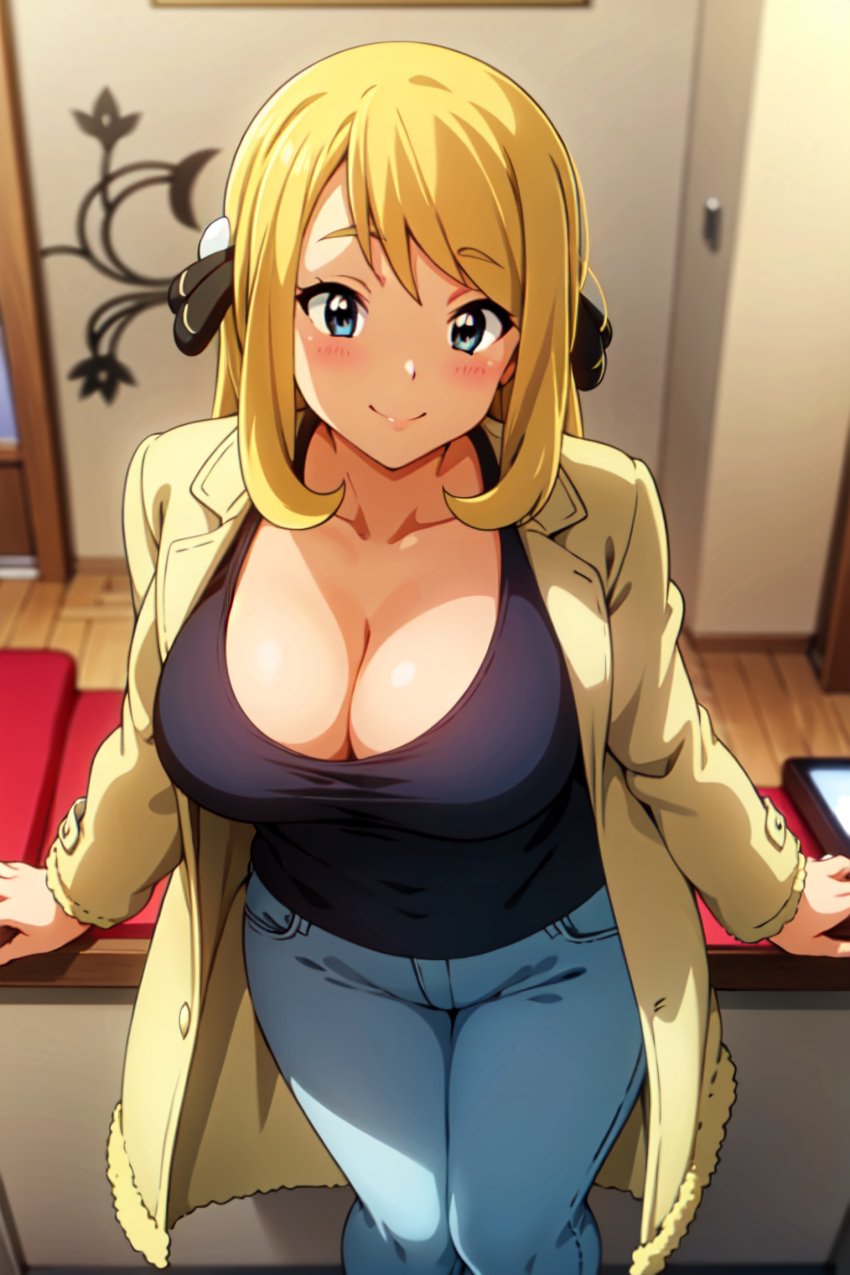 ai_generated big_breasts blonde_hair blue_eyes blue_jeans busty cleavage coat cynthia_(pokemon) facing_viewer female from_above hair_ornament indoors jeans long_coat looking_at_viewer navel pokemon seraphim_ai smile solo stable_diffusion taut_shirt