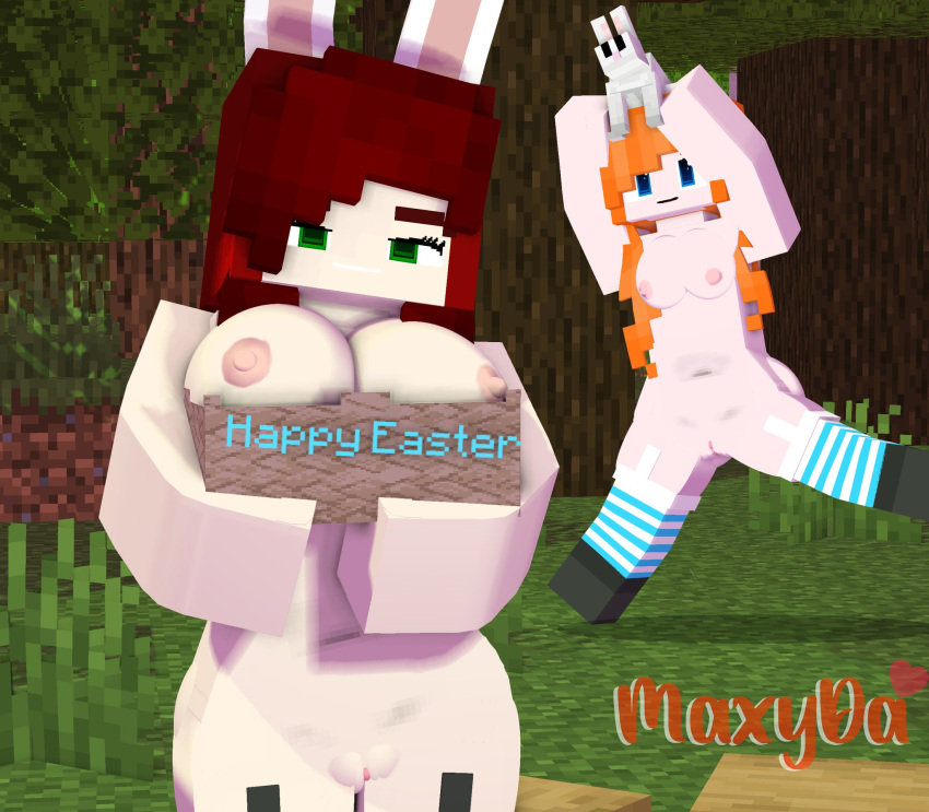 2girls 3d big_breasts blue_eyes bunny bunny_ears easter erect_nipples female forest green_eyes horny_female human humanoid looking_at_viewer max_welsh_(maxyda) maxyda mine-imator minecraft nude_female orange_hair outside red_hair smile sofia_(maxyda) stockings tagme wet_pussy