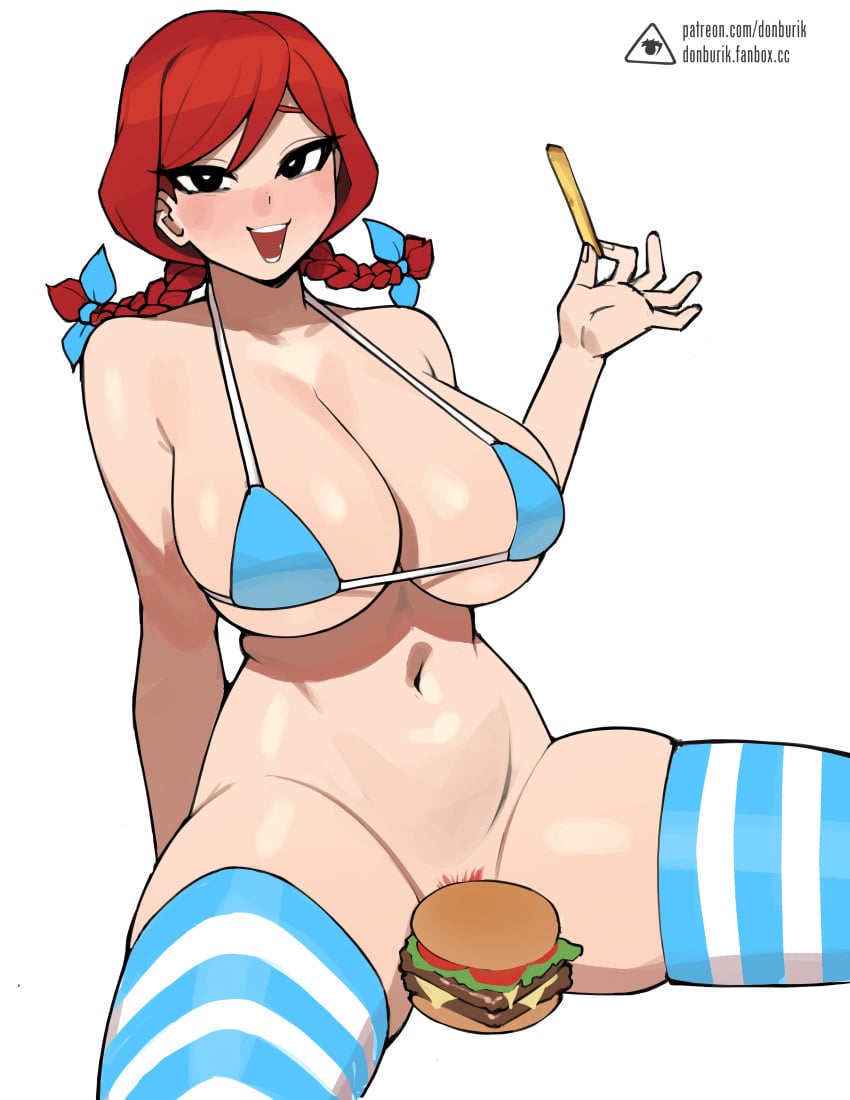 1girls bikini blue_eyes boob_burger breasts burger cheeseburger convenient_censoring donburikazoku fast_food female food good_artwork hamburger hips huge_breasts long_hair massive_breasts naughty_face pussy_burger red_hair smile thick_thighs thighs twintails wendy's wendy_thomas wide_hips your_order_is_ready_(meme)