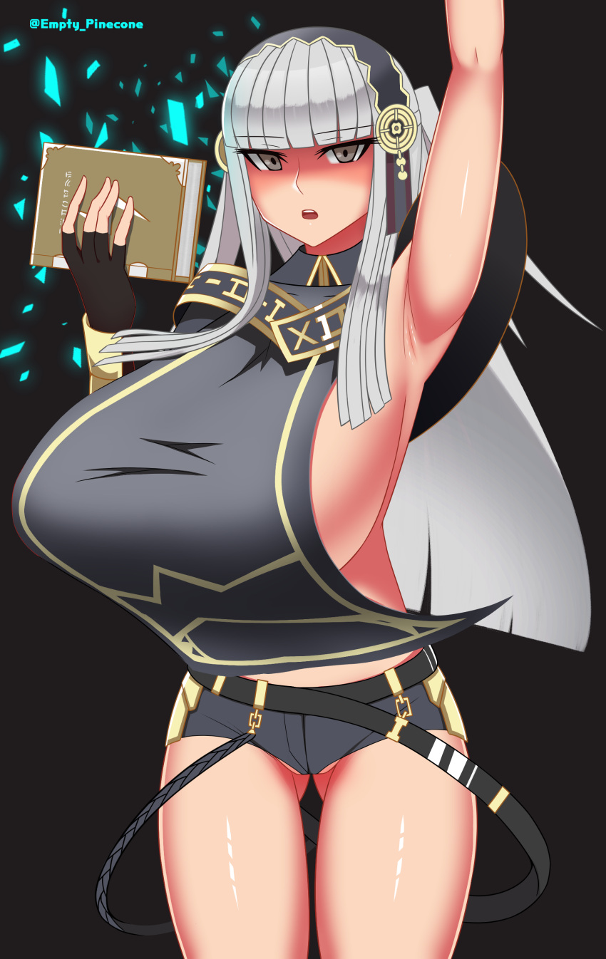 1girls alternate_hair_color arm_up armpits ass_visible_through_thighs bangs bare_midriff bare_thighs belt book breasts brown_eyes female female_only fingerless_gloves fire_emblem fire_emblem_fates gloves grey_eyes grey_hair huge_breasts long_hair looking_at_viewer magic midriff nintendo open_mouth pibu revealing_clothes rhajat_(fire_emblem) shorts silver_hair solo thighs