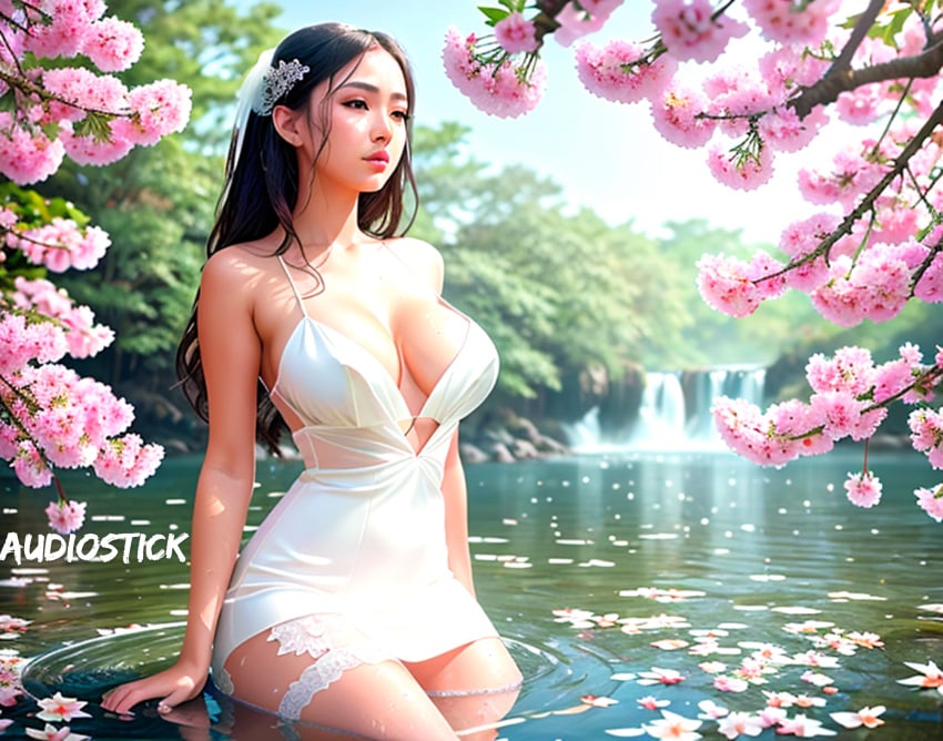 ai_generated asian asian_female audiostick breasts bridal_lingerie bride brown_hair cherry_blossoms cleavage detailed detailed_background flower flower_in_hair hi_res high_resolution highres long_hair medium_breasts petals stable_diffusion sunlight tree trees water waterfall watermark wedding_dress