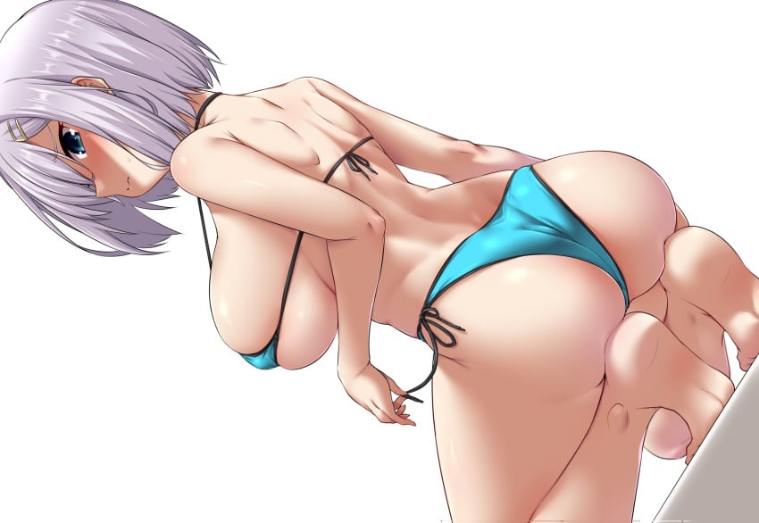 alternate_costume ass bikini blue_bikini blue_eyes breasts closed_mouth dutch_angle female grey_hair hair_ornament hair_over_one_eye hairclip hamakaze_(kantai_collection) highres kantai_collection kneeling large_breasts light_blush micro_bikini short_hair shoulder_blades side-tie_bikini_bottom sideboob soles solo swimsuit tiptoes white_background yoshi_tama