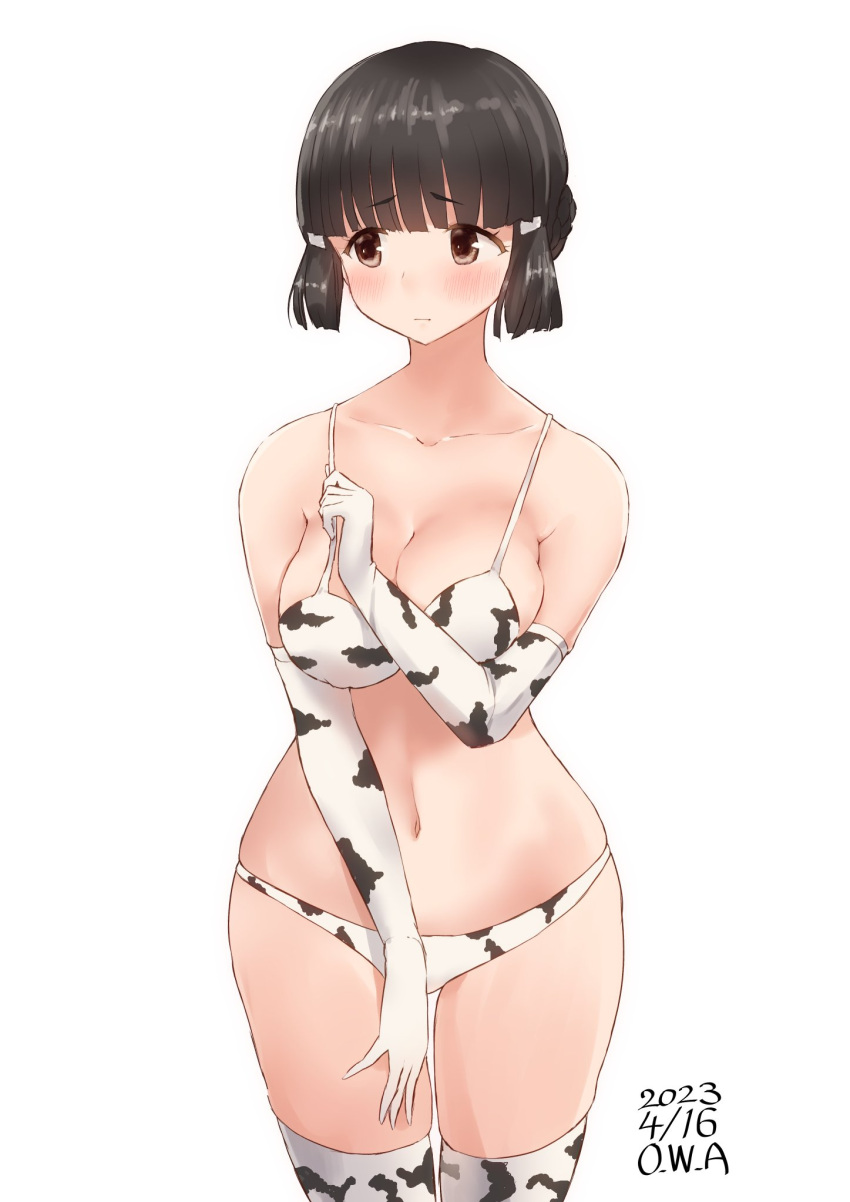 animal_print artist_name bikini blunt_bangs braid braided_bun breasts brown_eyes brown_hair choppy_bangs cleavage cow_print dated elbow_gloves female gloves hair_bun highres kantai_collection large_breasts long_hair looking_to_the_side myoukou_(kantai_collection) owa_(ishtail) sidelocks simple_background single_hair_bun solo swimsuit thigh_gap thighhighs white_background white_bikini white_gloves white_thighhighs