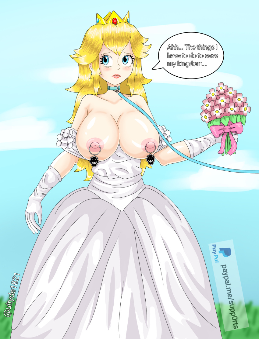 1girls big_ass big_breasts big_butt big_nipples blonde_female blonde_hair blonde_hair_female blonde_pubic_hair blue_eyes bouquet breasts collar crown female female_only femsub leash mario_(series) nintendo nipple_piercing nipple_rings outdoors pink_nipples princess_peach pussy pussy_juice solo standing super_mario_bros._(2023_film) ultyde wedding wedding_dress white_body white_skin yellow_hair