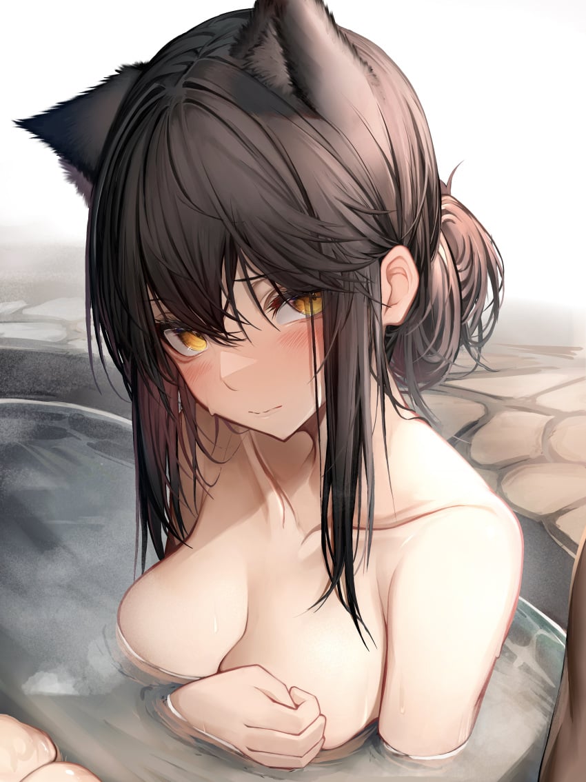 1girls animal_ears arknights bare_shoulders bath big_breasts black_hair blush breasts cleavage collarbone completely_nude covering covering_breast covering_breasts embarrassed eye_contact female female_only hair_bun hand_on_breast highres light-skinned_female long_hair looking_at_viewer naked nervous nude shy sitting soft_breasts solo sweatdrop tab_head texas_(arknights) wet_skin yellow_eyes