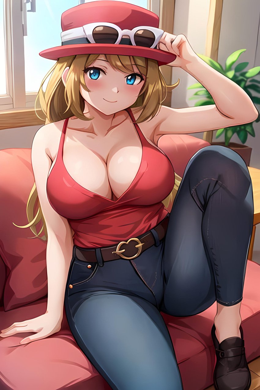 ai_generated belt belt_buckle big_breasts blonde_hair blue_eyes blue_jeans busty crop_top eyewear_on_headwear female footwear hand_on_hat hat indoors jeans light_smile looking_at_viewer navel one_knee_up pokemon posing seraphim_ai serena_(pokemon) sitting_on_couch solo stable_diffusion