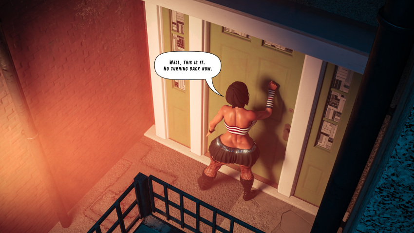 3d armwear ass bare_midriff bare_shoulders bioshock bioshock_infinite boots brown_hair busty comic corrective_measures_(comic) dialogue elizabeth_comstock female female_focus female_only fishnet_legwear fishnet_stockings fishnets hourglass_figure knocking_on_door miniskirt outdoors outside short_hair skimpy skimpy_clothes skirt speech_bubble stockings student tagme tetriandoch text wide_hips