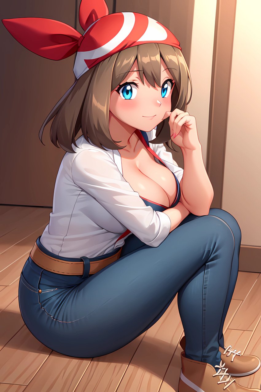 ai_generated belt big_breasts blue_eyes blue_jeans blush bra brown_hair busty cleavage elbow_on_knee female footwear indoors jeans light_smile looking_at_viewer may_(pokemon) one_hand_up pokemon red_bandana seraphim_ai side_view sitting solo stable_diffusion unbuttoned white_shirt