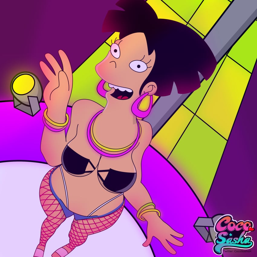 1girls 2021 absurd_res alcohol amy_wong artist_logo artist_name bikini cocosashax color digital_media_(artwork) ear_piercing earrings fishnet_legwear fishnets futurama glowstick glowstick_bracelet nightclub thong