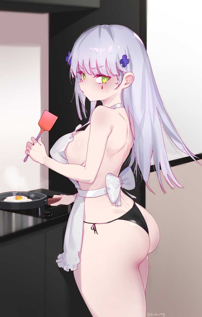 1girls absurdres apron ass black_panties blush breasts bright_pupils cooking cowboy_shot eonsang facial_mark female fried_egg frying_pan girls'_frontline green_eyes grey_hair hair_ornament highres hk416_(girls'_frontline) holding holding_spatula large_breasts light-skinned_female light_skin long_hair looking_back naked_apron panties shoulder_blades solo spatula standing underwear white_apron white_pupils