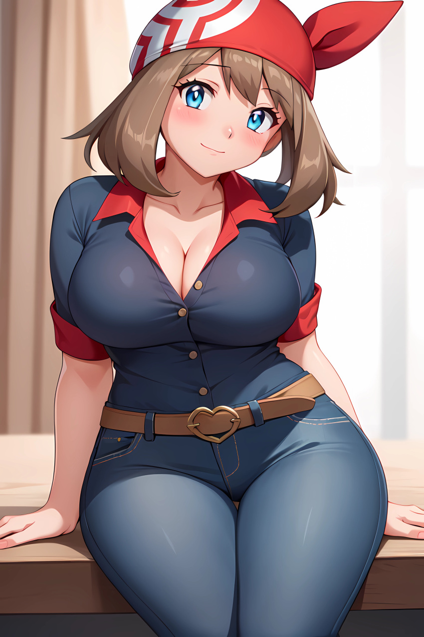 ai_generated belt belt_buckle big_breasts blue_eyes blue_jeans blue_shirt blush brown_hair busty cleavage collarbone female hands_on_table heart_buckle jeans light_smile may_(pokemon) pokemon red_bandana seraphim_ai sitting sleeves_rolled_up solo stable_diffusion thick_thighs