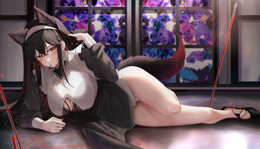 alternate_breast_size alternate_costume animal_ears arknights bare_legs big_breasts black_bra blush bra breasts chest cleavage cleavage_cutout cross cross_in_mouth hairband highres legs looking_at_viewer lying nail_polish nun nun_outfit on_floor on_side one_leg_bent red_nails ru_zhai seductive see-through see-through_clothing shirt shoes sword tail texas_(arknights) transparent_clothing uniform white_shirt yellow_eyes