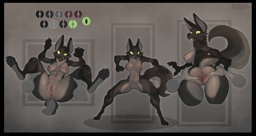 anthro anus ass bdmon canid canine canis disembodied_hand female fur genitals green_eyes grey_body grey_fur hi_res looking_back mammal model_sheet multiple_poses nipple_piercing nipples nude open_mouth piercing pose pussy solo spread_legs spread_pussy spreading wolf