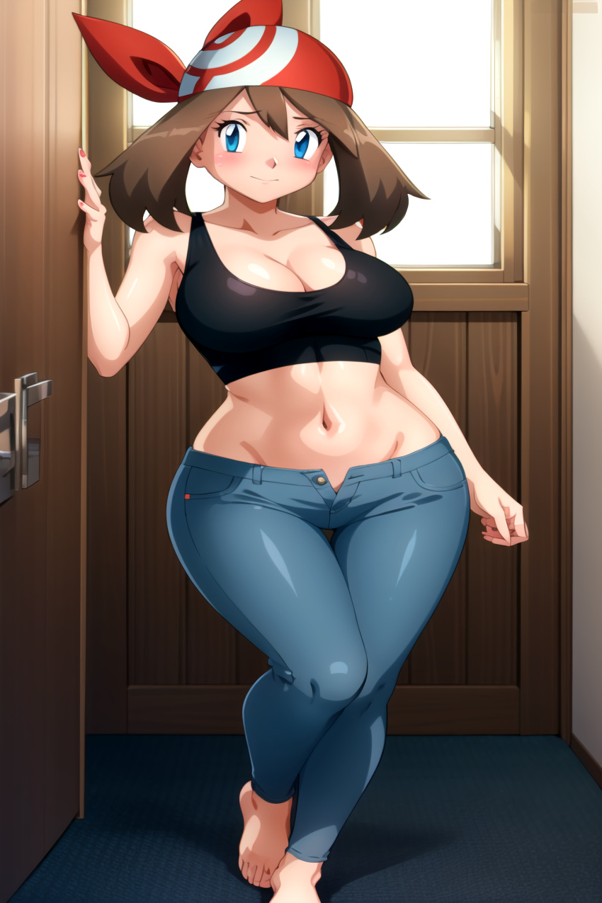 ai_generated blue_eyes blue_jeans blush brown_hair busty crop_top embarrassed facing_viewer female full_body holding_wall jeans looking_at_viewer may_(pokemon) pokemon posing red_bandana seraphim_ai solo stable_diffusion standing unbuttoned_pants window