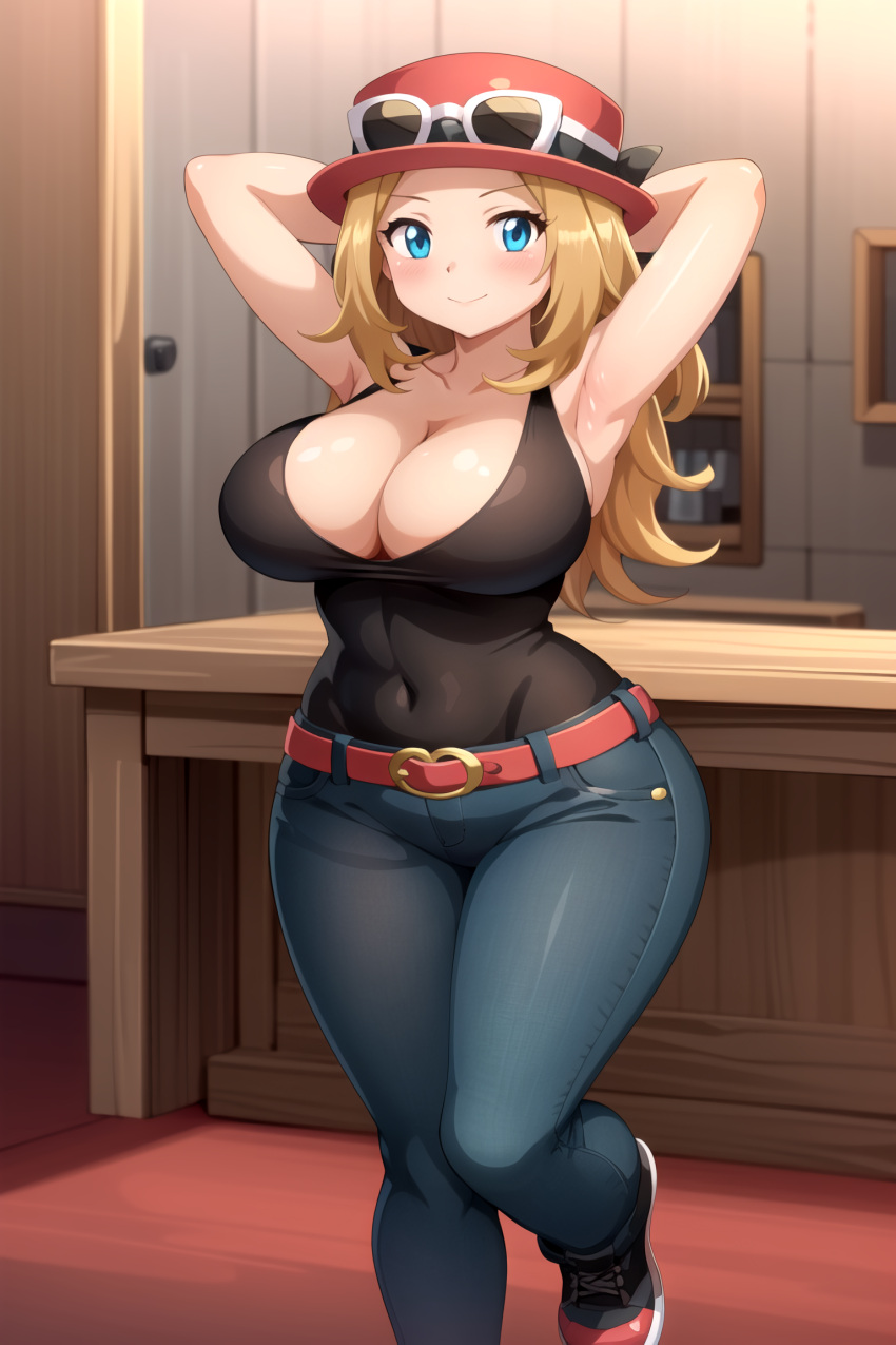 ai_generated armpits belt belt_buckle big_breasts blonde_hair blue_eyes blue_jeans busty cleavage crop_top eyewear_on_headwear female footwear hands_behind_head hat indoors jeans light_smile long_hair navel one_foot_raised pokemon seraphim_ai serena_(pokemon) solo stable_diffusion standing