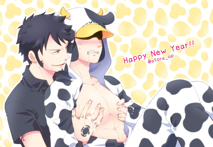 2021 2boys atora black_hair blush clenched_teeth covered_eyes cow_costume cow_print drooling facial_hair from_behind gay goatee groping groping_from_behind hat headwear hood jumpsuit kigurumi lactation long_sideburns male male_lactation male_only new_year no_visible_genitalia one_piece pec_grab pec_grasp pectoral_grab penguin_(one_piece) shaded_face sideburns smile sweat tattoos trafalgar_law yaoi year_of_the_ox