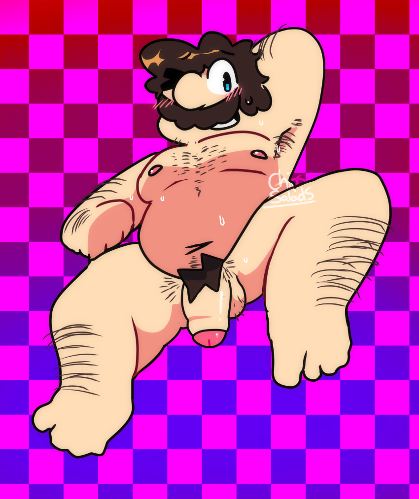 1boy armpits arms_behind_head blue_eyes blush brown_hair chipssalads chubby_male chubby_thighs cock embarrassed fat_man fat_thighs full_body hairy_balls hairy_chest hairy_legs hairy_male legs_open looking_at_viewer male male_only mario mario_(series) moustache naked nipples nude one_eye_closed penis pink_nipples pubes pubic_hair shiny_nipples shiny_penis simple_background smelly smiling solo sweat sweatdrop sweating uncut