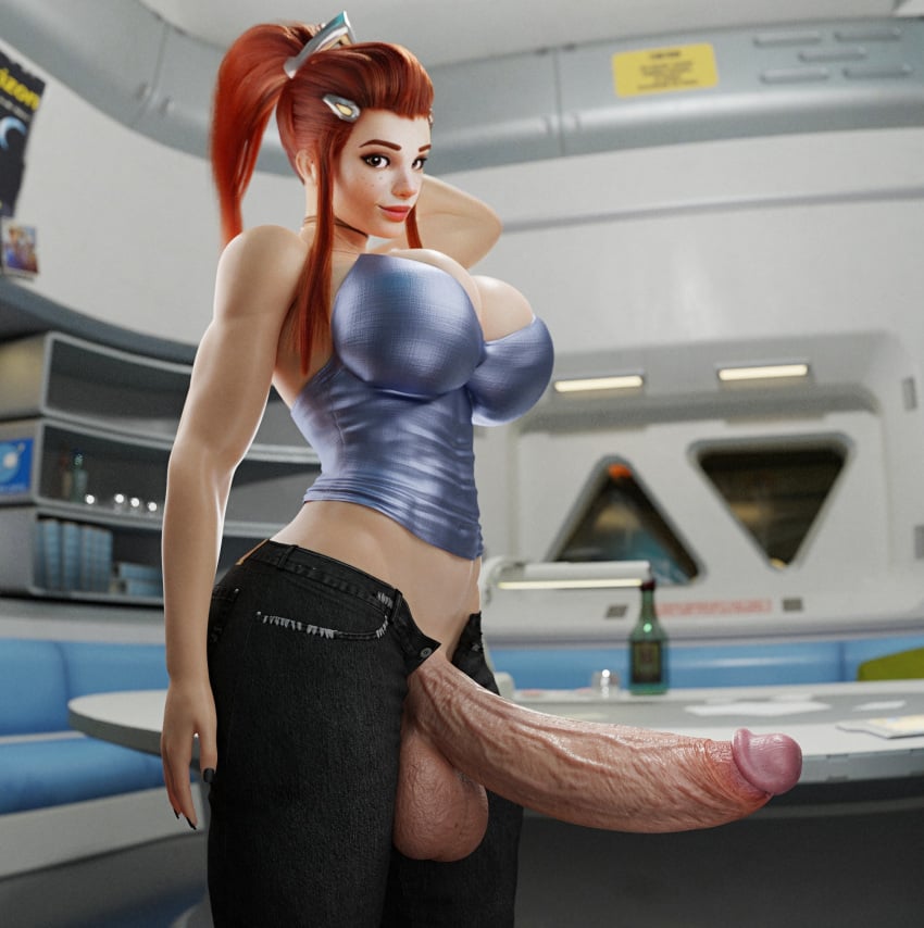 3d 3d_(artwork) black_nails blender_(software) blizzard_entertainment brigitte brigitte_lindholm brown_eyes freckles futa_only futanari huge_balls huge_cock open_fly overwatch ponytail red_hair retracted_foreskin shirt unbuttoned_pants veiny_penis zzzxxxccc