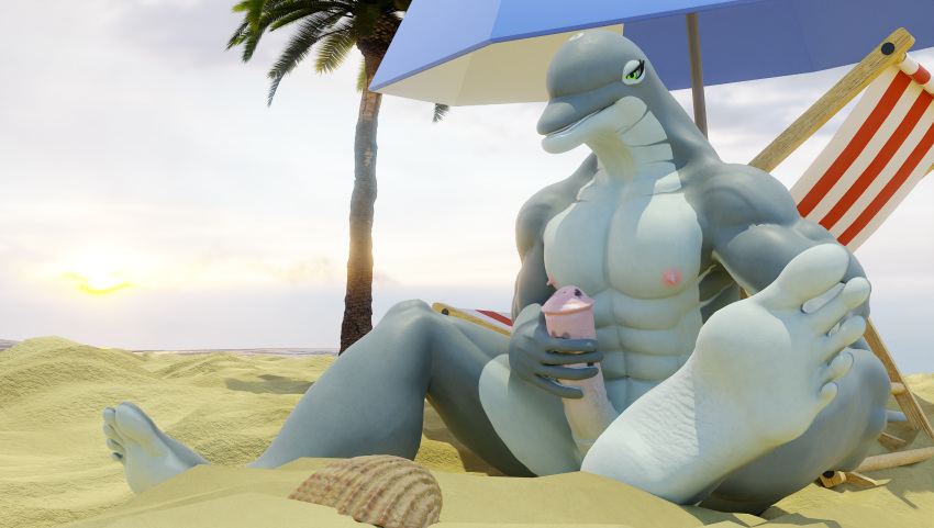 3d_(artwork) anthro beach cetacean digital_media_(artwork) dolphin feet gael genitals hi_res male male/male mammal marine muscular penis seaside solo toothed_whale