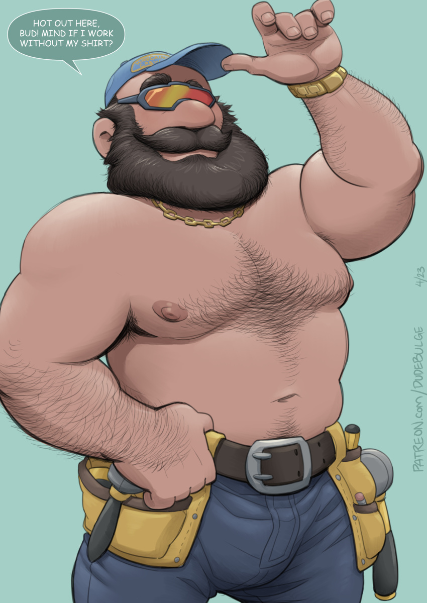 1boy 2020s 2023 bara baseball_cap beard belt black_hair body_hair bulge chest_hair dudebulge facial_hair flaccid foreman_spike gold_necklace human male male_focus male_nipples male_only manly mario_(series) mature_male muscles muscular_male mustache necklace no_visible_genitalia penis_bulge shirtless solo speech_bubble sunglasses super_mario_bros._(2023_film) tool_belt toony wrecking_crew wristwatch