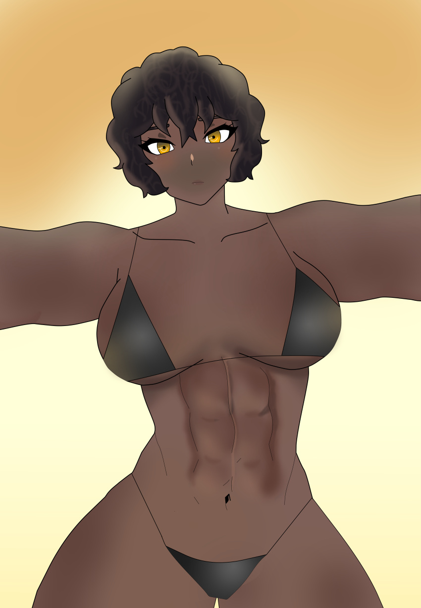 1girls 2d amber_eyes big_ass big_breasts big_butt bikini bikini_armor bikini_top black_bikini black_hair black_lingerie body breasts brown_body brown_nose brown_skin curly_hair female leaning leaning_on_object lilith_kelly nervous short_bikini short_hair six_pack strong_woman therealjean thick_ass thick_thighs tomboy twilight