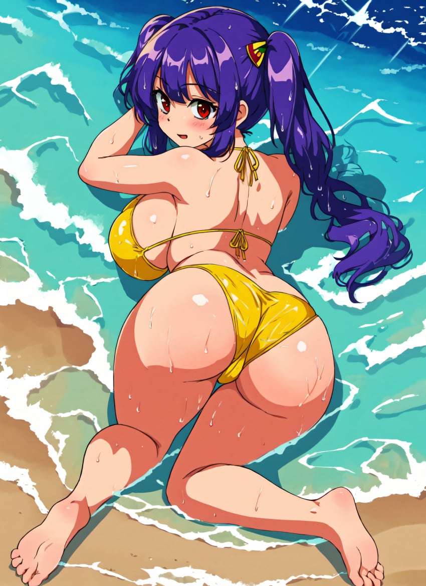 1girls ai_generated all_fours ass azur_lane backboob beach bikini female female_only from_behind hi_res large_breasts light-skinned_female light_skin looking_back lying mabi_ai pola_(azur_lane) purple_hair red_eyes solo stable_diffusion swimsuit thick_thighs thigh_gap twintails wet yellow_bikini